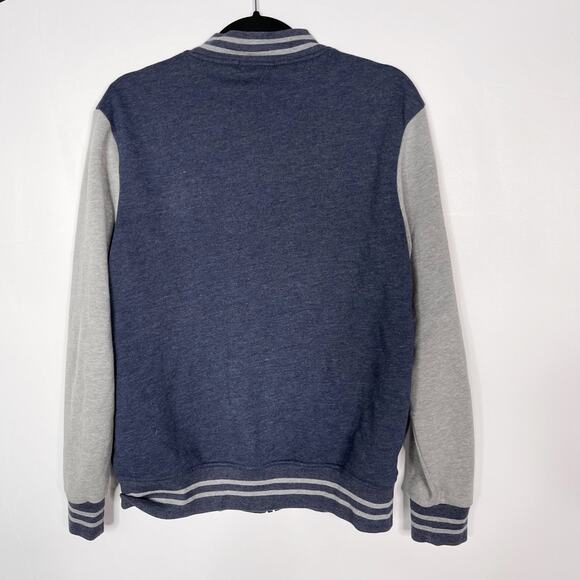 Gap Mens Small S Blue Gray Knit Bomber Jacket Full Zip Stripe Ribbed Hem Cuff - Picture 2 of 8